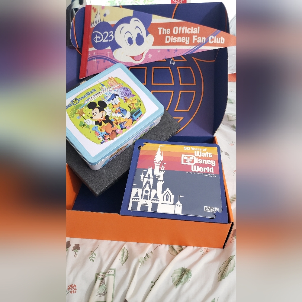 BUNDLE - Disney D23 (2023) metal retro lunchbox, record, and pendant